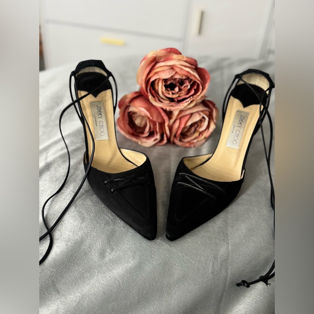 Jimmy Choo Satin Fabric Lace-Up Pointed Toe Shoes - Picture 12 of 13